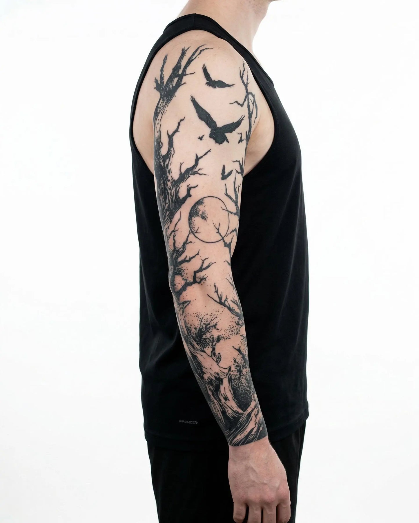 INKON Dark Forest & Ravens semi-permanent tattoo applied on a man – 8 x 20 in (20x50cm) design, realistic ink look, lasts 10 days