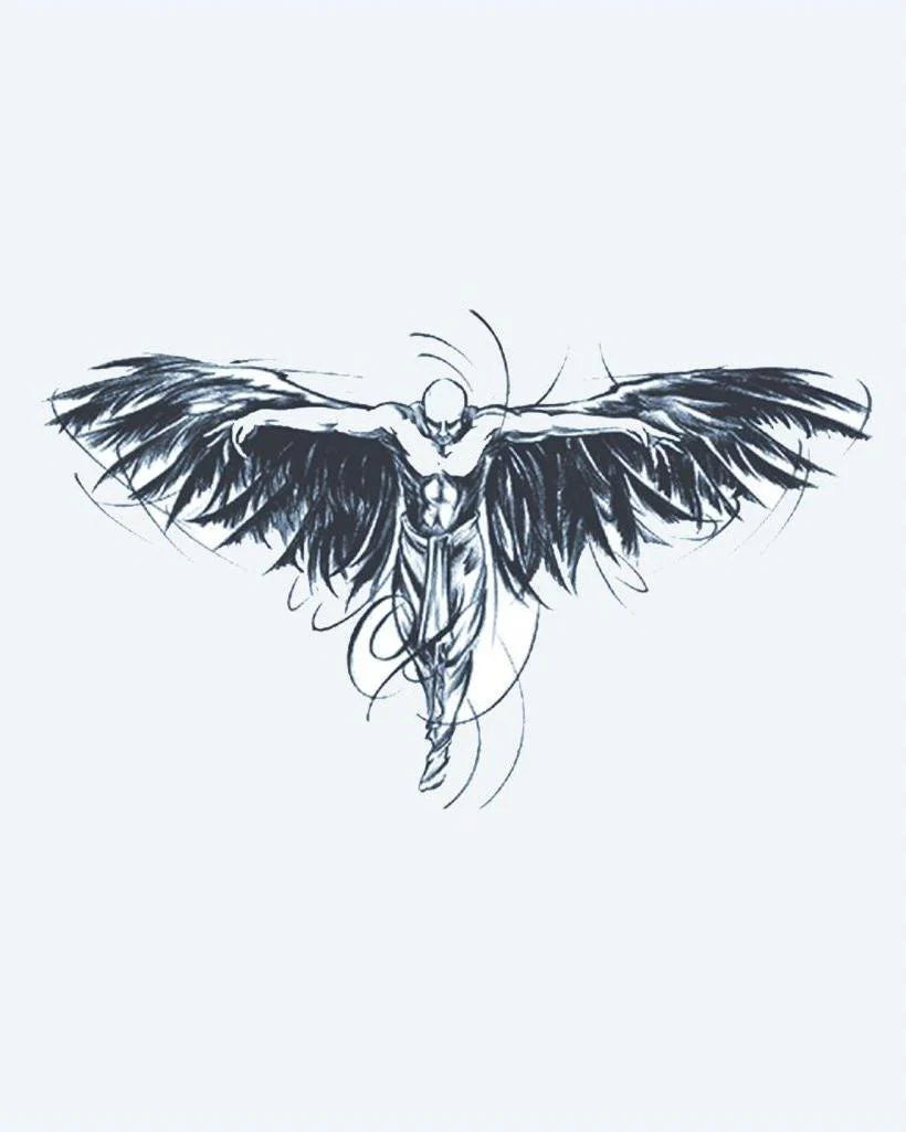 Dark Angel Wings semi-permanent tattoo design by INKON – muscular, winged, figure, arms, outstretched illustration, 4 x 7 in (10x17cm), available at inkon.co
