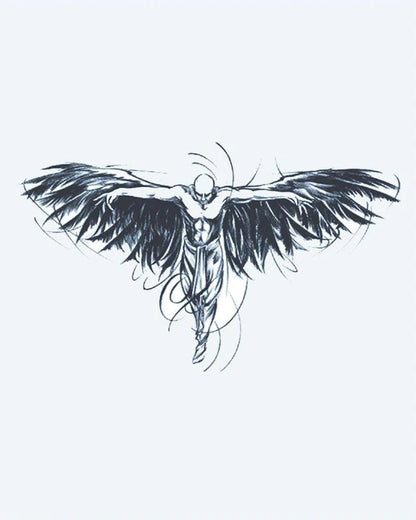 Dark Angel Wings semi-permanent tattoo design by INKON – muscular, winged, figure, arms, outstretched illustration, 4 x 7 in (10x17cm), available at inkon.co