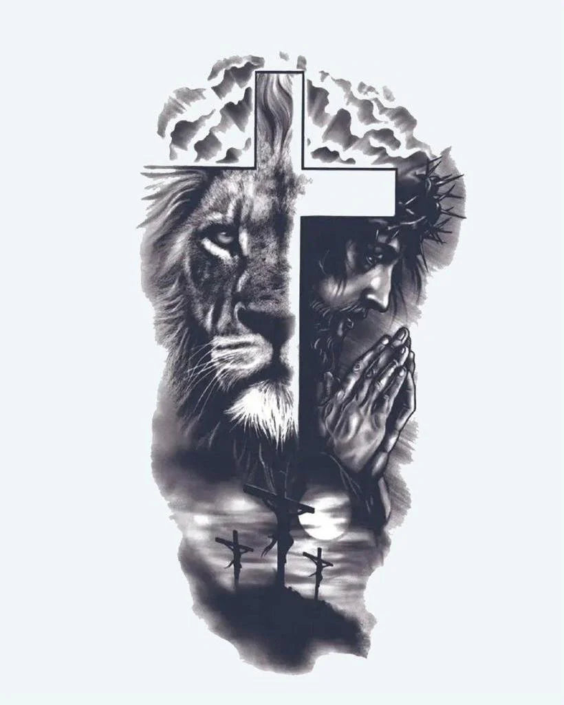 Lion & Cross Faith semi-permanent tattoo design by INKON – split, composition, lion, face, praying illustration, 4 x 7 in (10x17cm), available at inkon.co