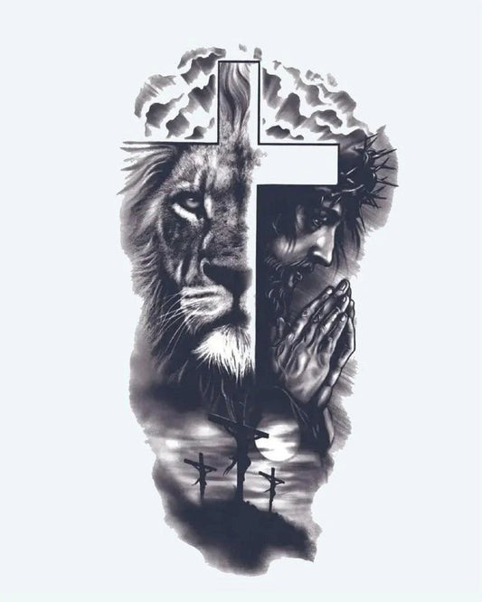 Lion & Cross Faith semi-permanent tattoo design by INKON – split, composition, lion, face, praying illustration, 4 x 7 in (10x17cm), available at inkon.co