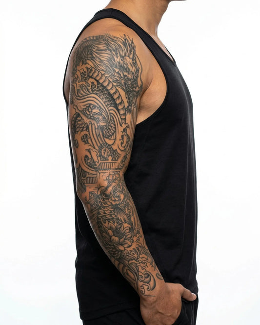 INKON Dragon & Koi Fish semi-permanent tattoo applied on a man – 8 x 20 in (20x50cm) design, realistic ink look, lasts 10 days