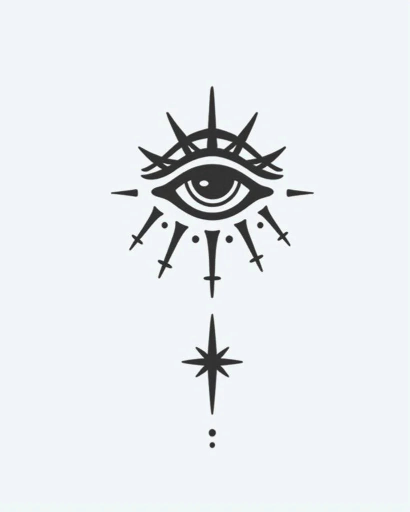 All-Seeing Eye & Star semi-permanent tattoo design by INKON – mystical, seeing, radiating, spikes, guiding illustration, 3 x 4 in (6x11cm), available at inkon.co