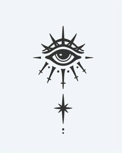 All-Seeing Eye & Star semi-permanent tattoo design by INKON – mystical, seeing, radiating, spikes, guiding illustration, 3 x 4 in (6x11cm), available at inkon.co