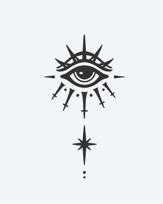 All-Seeing Eye & Star semi-permanent tattoo design by INKON – mystical, seeing, radiating, spikes, guiding illustration, 3 x 4 in (6x11cm), available at inkon.co