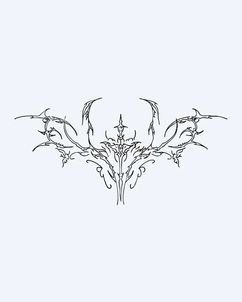 Ornamental Skull Moth semi-permanent tattoo design by INKON – delicate, fine, line, symmetrical, skull illustration, 4 x 8 in (11x21cm), available at inkon.co