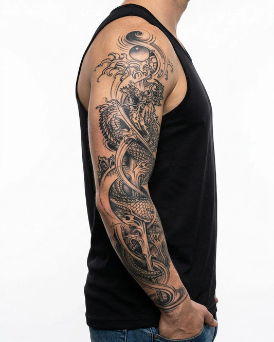 INKON Twin Dragons & Yin Yang semi-permanent tattoo applied on a man – 8 x 20 in (20x50cm) design, realistic ink look, lasts 10 days
