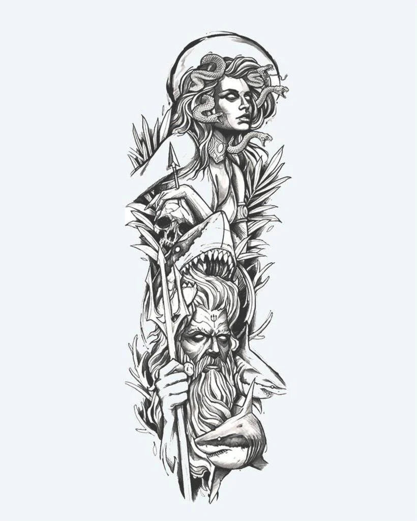 Medusa & Poseidon semi-permanent tattoo design by INKON – mythological, full, sleeve, medusa, snake illustration, 8 x 20 in (20x50cm), available at inkon.co