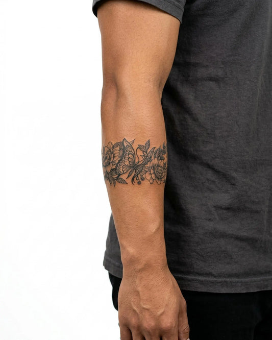 INKON Butterfly & Peony Band semi-permanent tattoo applied on a man – 2 x 9 in (5x23cm) design, realistic ink look, lasts 10 days