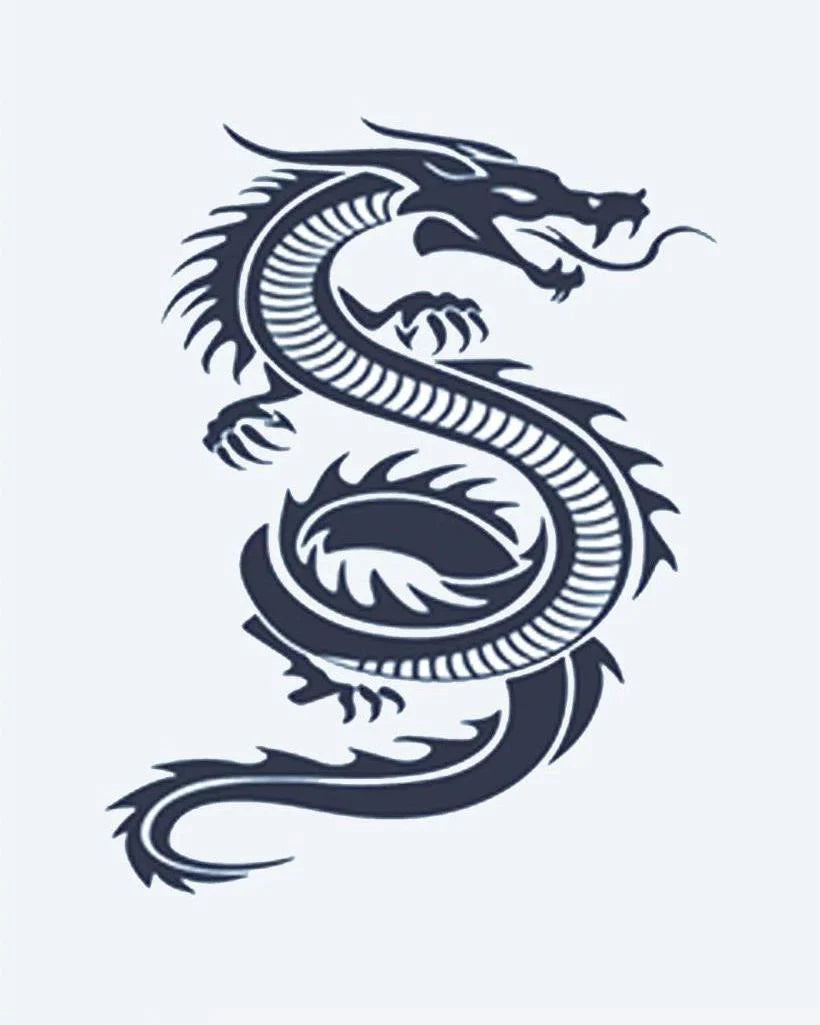 Serpent Dragon semi-permanent tattoo design by INKON – sinuous, shaped, dragon, scales, claws illustration, 2 x 2 in (5x5cm), available at inkon.co