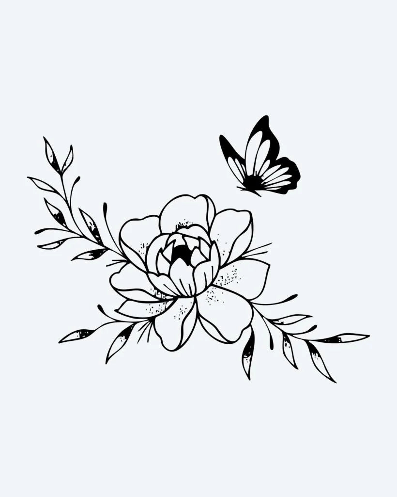 Peony & Butterfly semi-permanent tattoo design by INKON – blooming, peony, flower, leafy, branches illustration, 3 x 4 in (6x11cm), available at inkon.co
