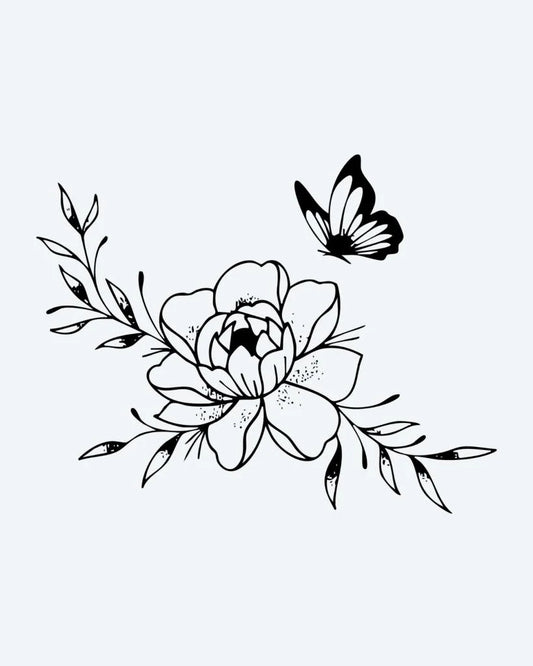 Peony & Butterfly semi-permanent tattoo design by INKON – blooming, peony, flower, leafy, branches illustration, 3 x 4 in (6x11cm), available at inkon.co