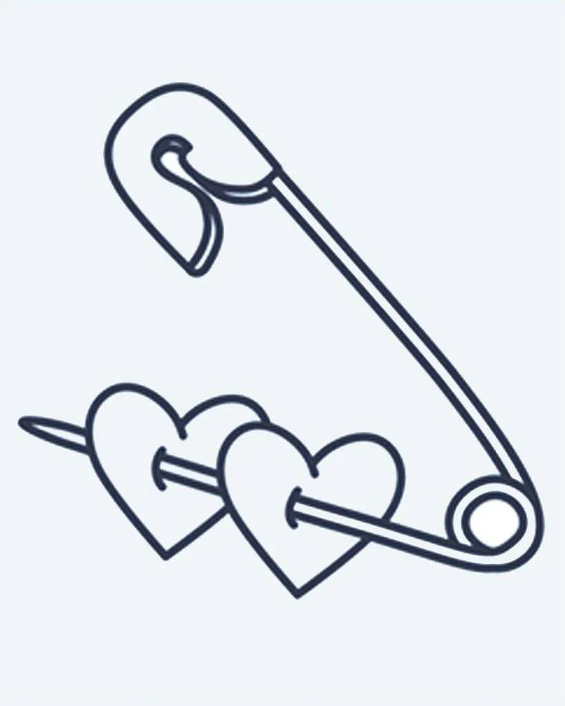 Safety Pin & Hearts semi-permanent tattoo design by INKON – cute, safety, piercing, through, hearts illustration, 2 x 2 in (5x5cm), available at inkon.co