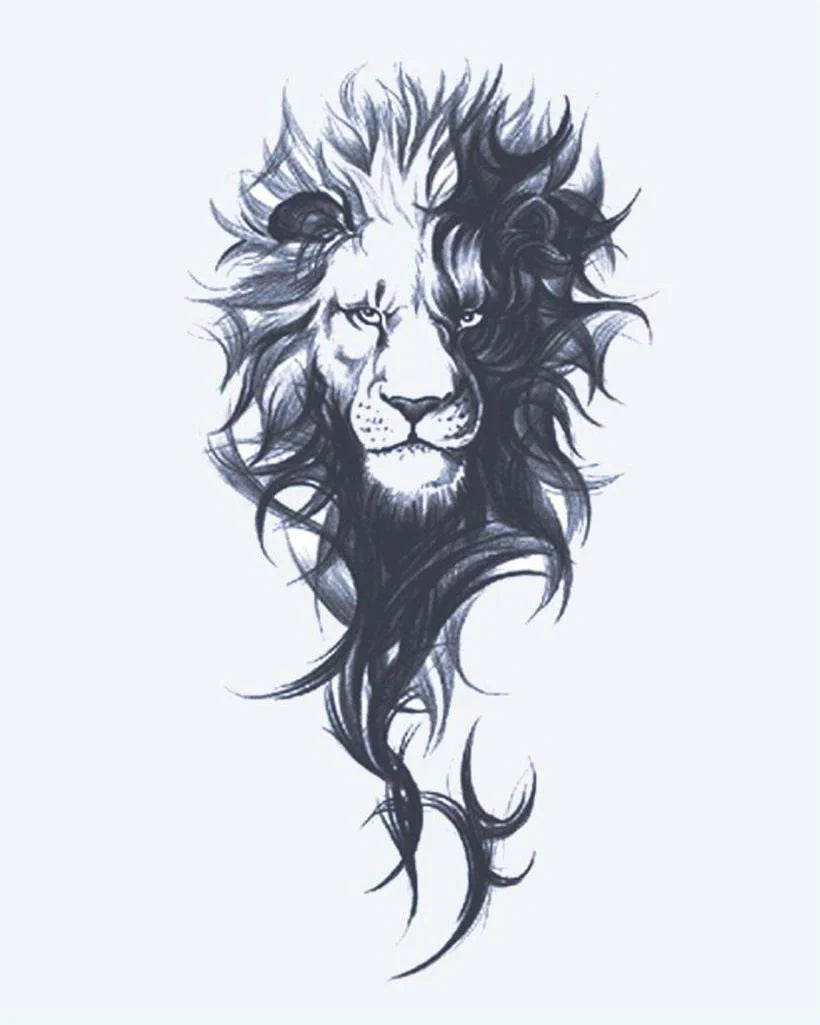 Majestic Lion semi-permanent tattoo design by INKON – regal, lion, portrait, flowing, wild illustration, 4 x 7 in (10x17cm), available at inkon.co