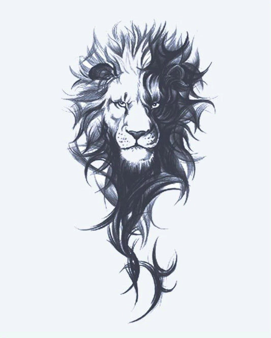 Majestic Lion semi-permanent tattoo design by INKON – regal, lion, portrait, flowing, wild illustration, 4 x 7 in (10x17cm), available at inkon.co