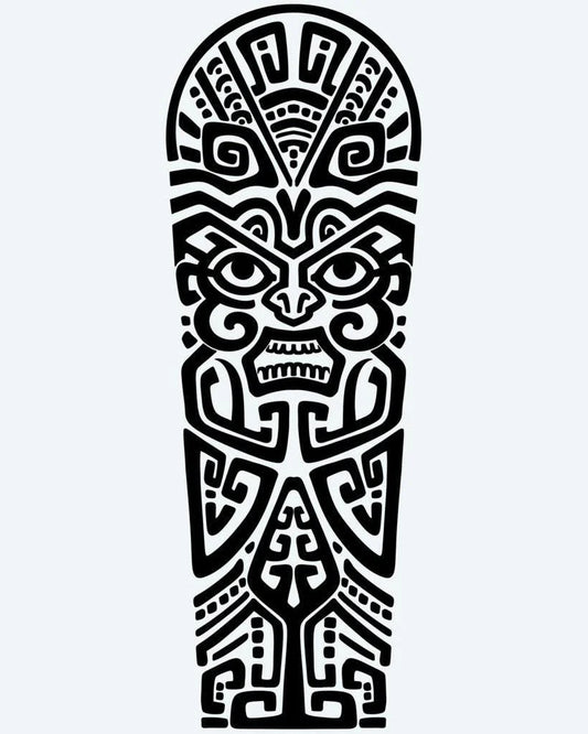 Polynesian Tiki Face semi-permanent tattoo design by INKON – polynesian, centered, tiki, face, lines illustration, 8 x 20 in (20x50cm), available at inkon.co