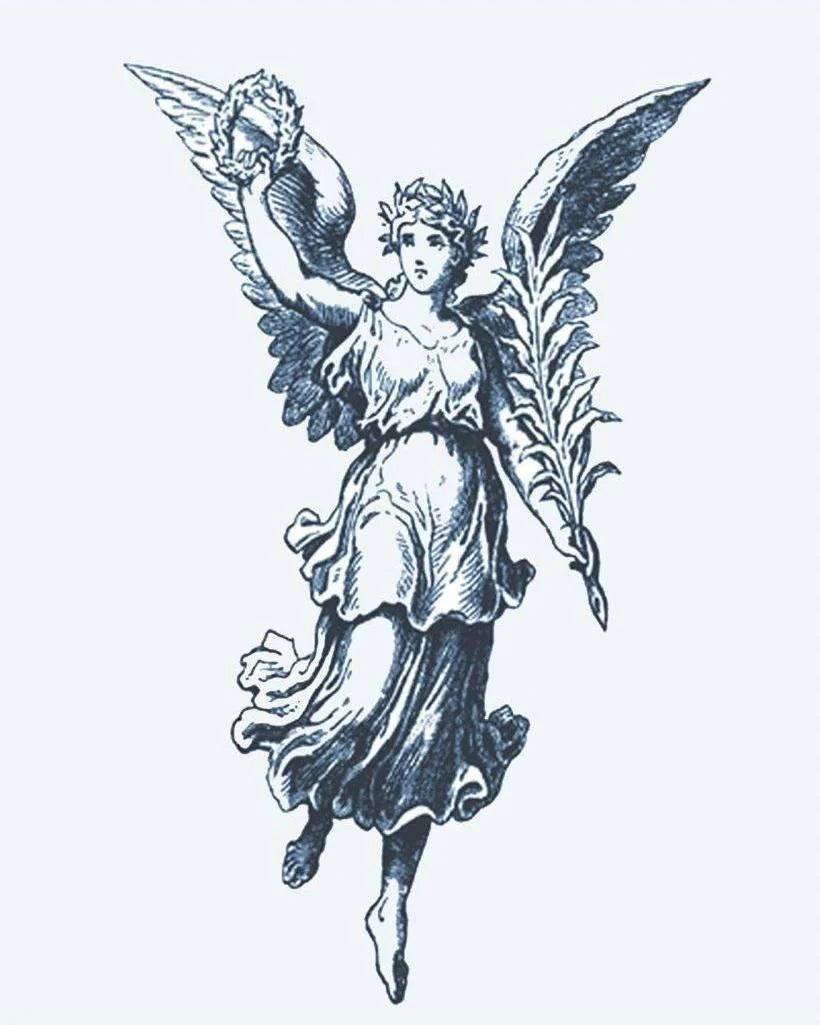 Victory Angel semi-permanent tattoo design by INKON – classical, winged, angel, holding, laurel illustration, 4 x 7 in (10x17cm), available at inkon.co