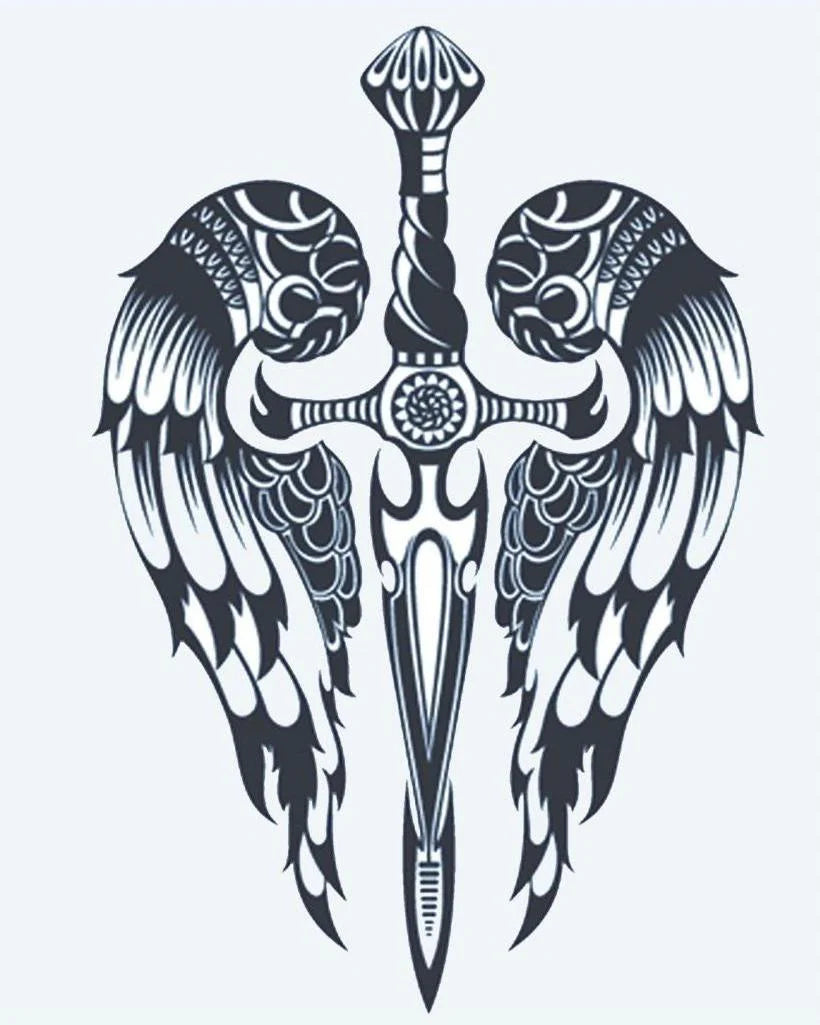 Winged Dagger semi-permanent tattoo design by INKON – ornate, dagger, angel, wings, symmetrical illustration, 4 x 7 in (10x17cm), available at inkon.co