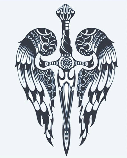 Winged Dagger semi-permanent tattoo design by INKON – ornate, dagger, angel, wings, symmetrical illustration, 4 x 7 in (10x17cm), available at inkon.co