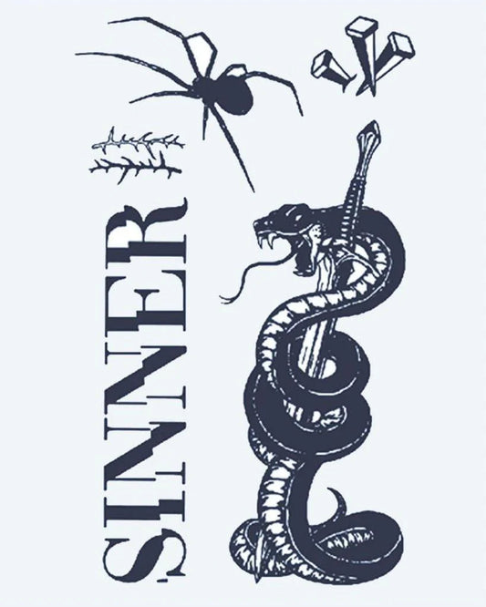 Sinner Flash Sheet semi-permanent tattoo design by INKON – dark, flash, sheet, coiling, snake illustration, 4 x 7 in (10x17cm), available at inkon.co
