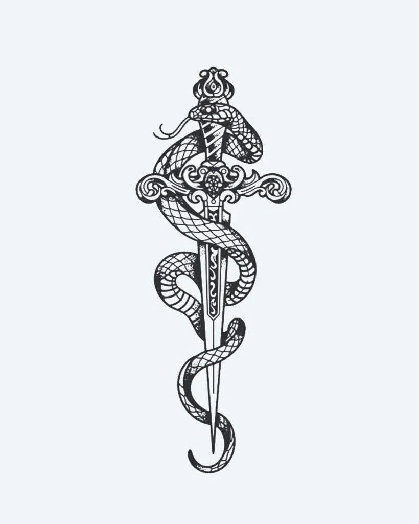 Snake & Ornate Dagger semi-permanent tattoo design by INKON – beautifully, cobra, snake, coiling, ornate illustration, 4 x 8 in (11x21cm), available at inkon.co