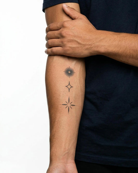 INKON Celestial Starburst Trio semi-permanent tattoo applied on a man – 3 x 4 in (6x11cm) design, realistic ink look, lasts 10 days