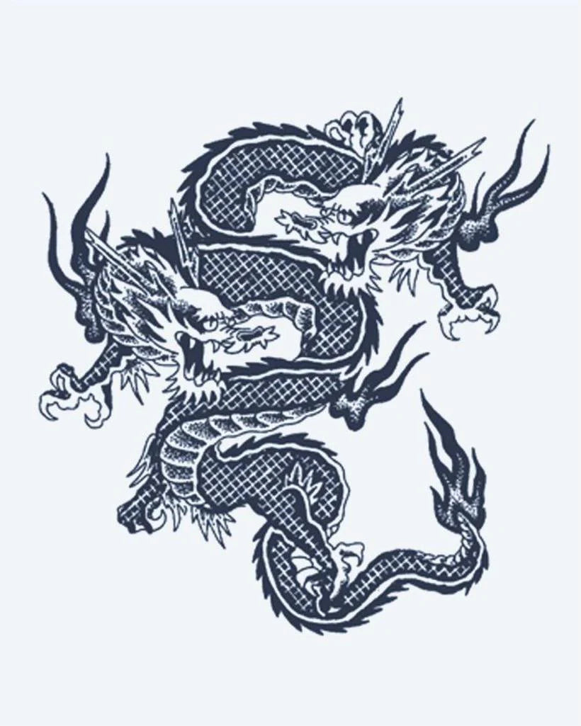Twin Dragons semi-permanent tattoo design by INKON – intertwined, asian, dragons, scale, detail illustration, 2 x 2 in (5x5cm), available at inkon.co