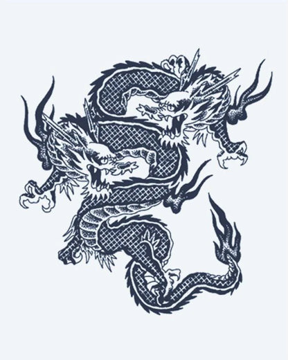 Twin Dragons semi-permanent tattoo design by INKON – intertwined, asian, dragons, scale, detail illustration, 2 x 2 in (5x5cm), available at inkon.co