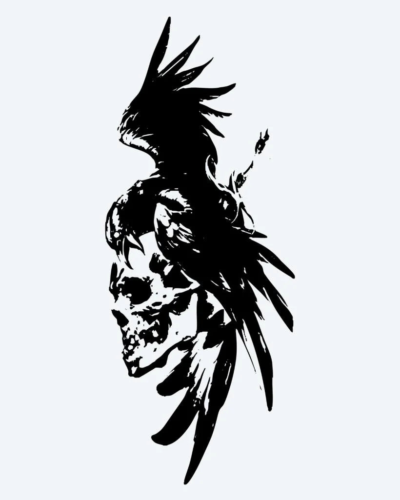 Crow & Skull semi-permanent tattoo design by INKON – silhouette, crow, perched, human, skull illustration, 4 x 7 in (10x17cm), available at inkon.co