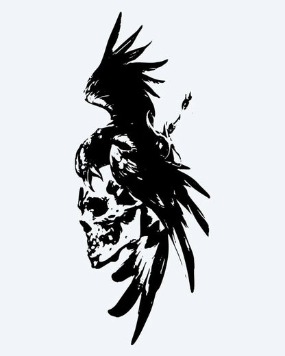 Crow & Skull semi-permanent tattoo design by INKON – silhouette, crow, perched, human, skull illustration, 4 x 7 in (10x17cm), available at inkon.co