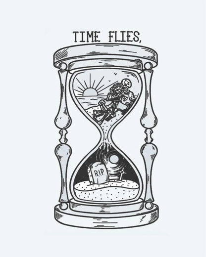 Time Flies Hourglass semi-permanent tattoo design by INKON – hourglass, skeleton, gravestone, inside, topped illustration, 3 x 4 in (6x11cm), available at inkon.co