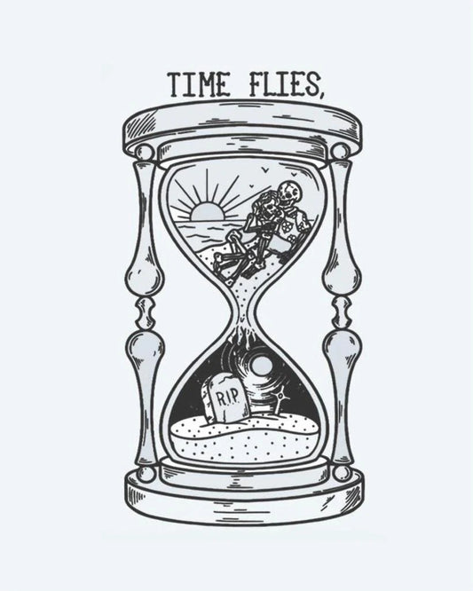 Time Flies Hourglass semi-permanent tattoo design by INKON – hourglass, skeleton, gravestone, inside, topped illustration, 3 x 4 in (6x11cm), available at inkon.co