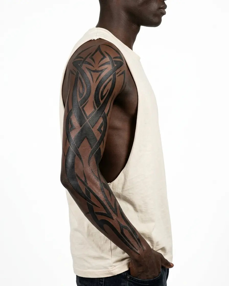 INKON Celtic Tribal Knot Sleeve semi-permanent tattoo applied on a man – 8 x 20 in (20x50cm) design, realistic ink look, lasts 10 days