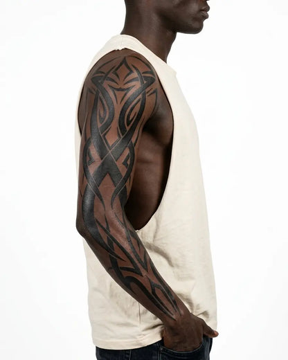 INKON Celtic Tribal Knot Sleeve semi-permanent tattoo applied on a man – 8 x 20 in (20x50cm) design, realistic ink look, lasts 10 days