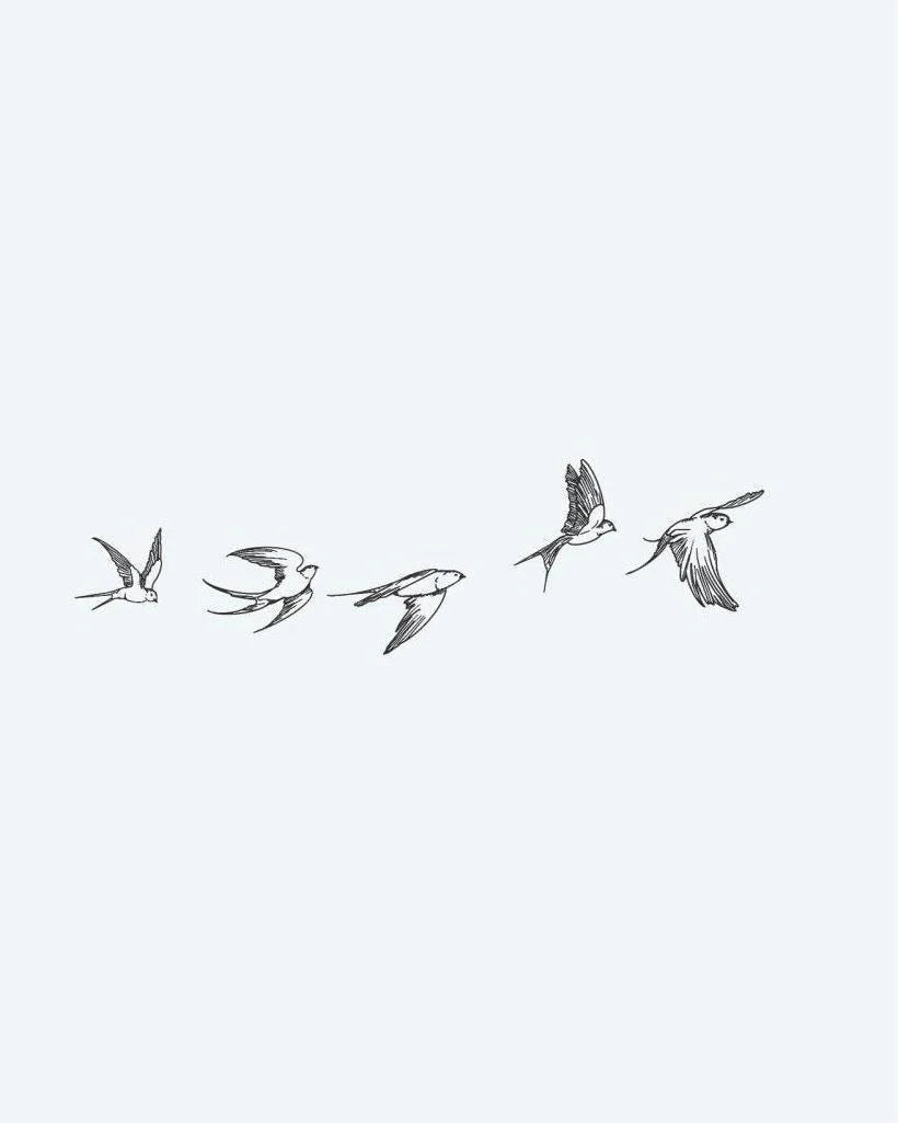 Flying Swallows semi-permanent tattoo design by INKON – five, swallows, flight, captured, different illustration, 4 x 7 in (10x17cm), available at inkon.co