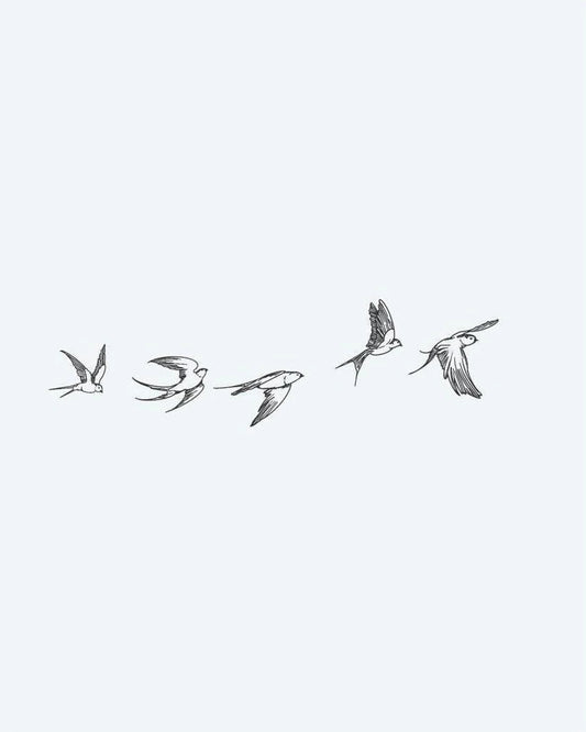 Flying Swallows semi-permanent tattoo design by INKON – five, swallows, flight, captured, different illustration, 4 x 7 in (10x17cm), available at inkon.co
