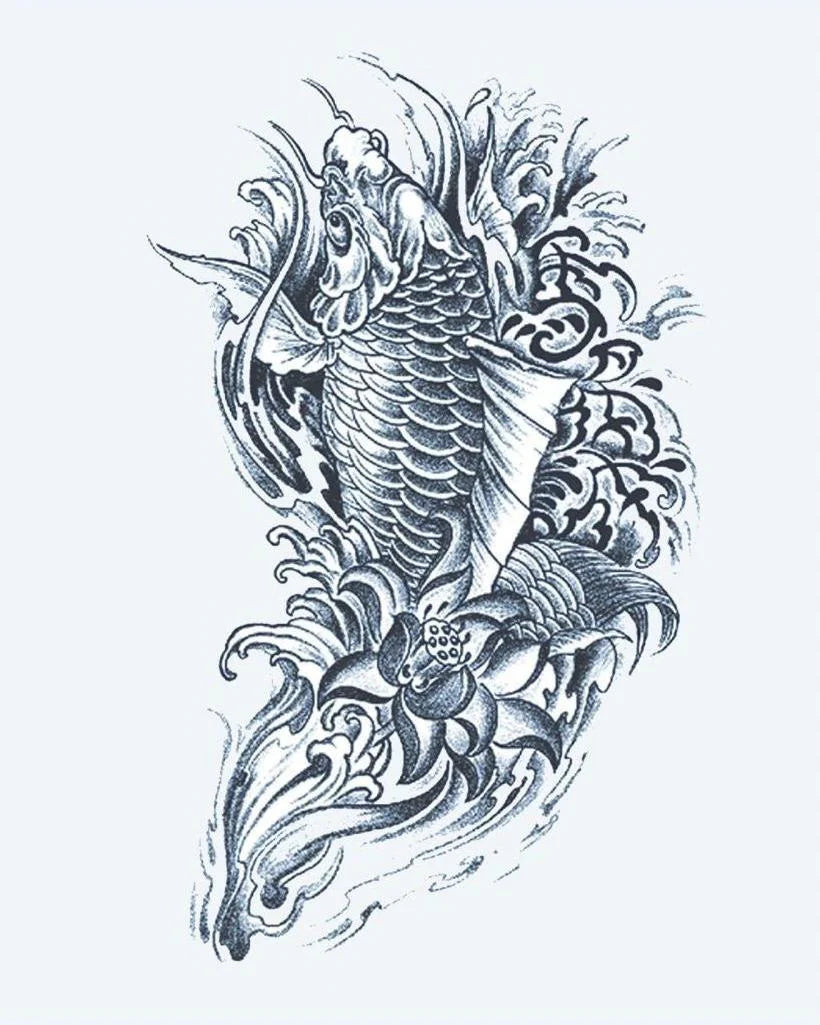Koi Fish & Lotus 2 semi-permanent tattoo design by INKON – fish, leaping, through, waves, lotus illustration, 4 x 8 in (11x21cm), available at inkon.co