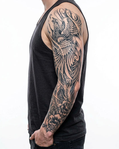 INKON Phoenix Rising semi-permanent tattoo applied on a man – 8 x 20 in (20x50cm) design, realistic ink look, lasts 10 days
