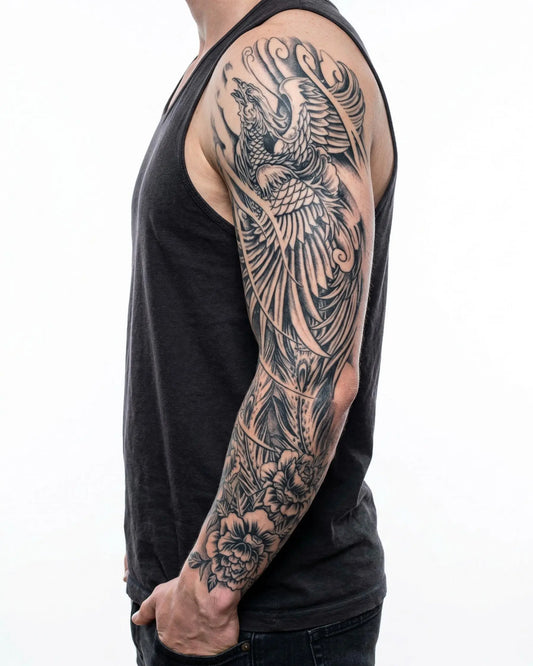 INKON Phoenix Rising semi-permanent tattoo applied on a man – 8 x 20 in (20x50cm) design, realistic ink look, lasts 10 days
