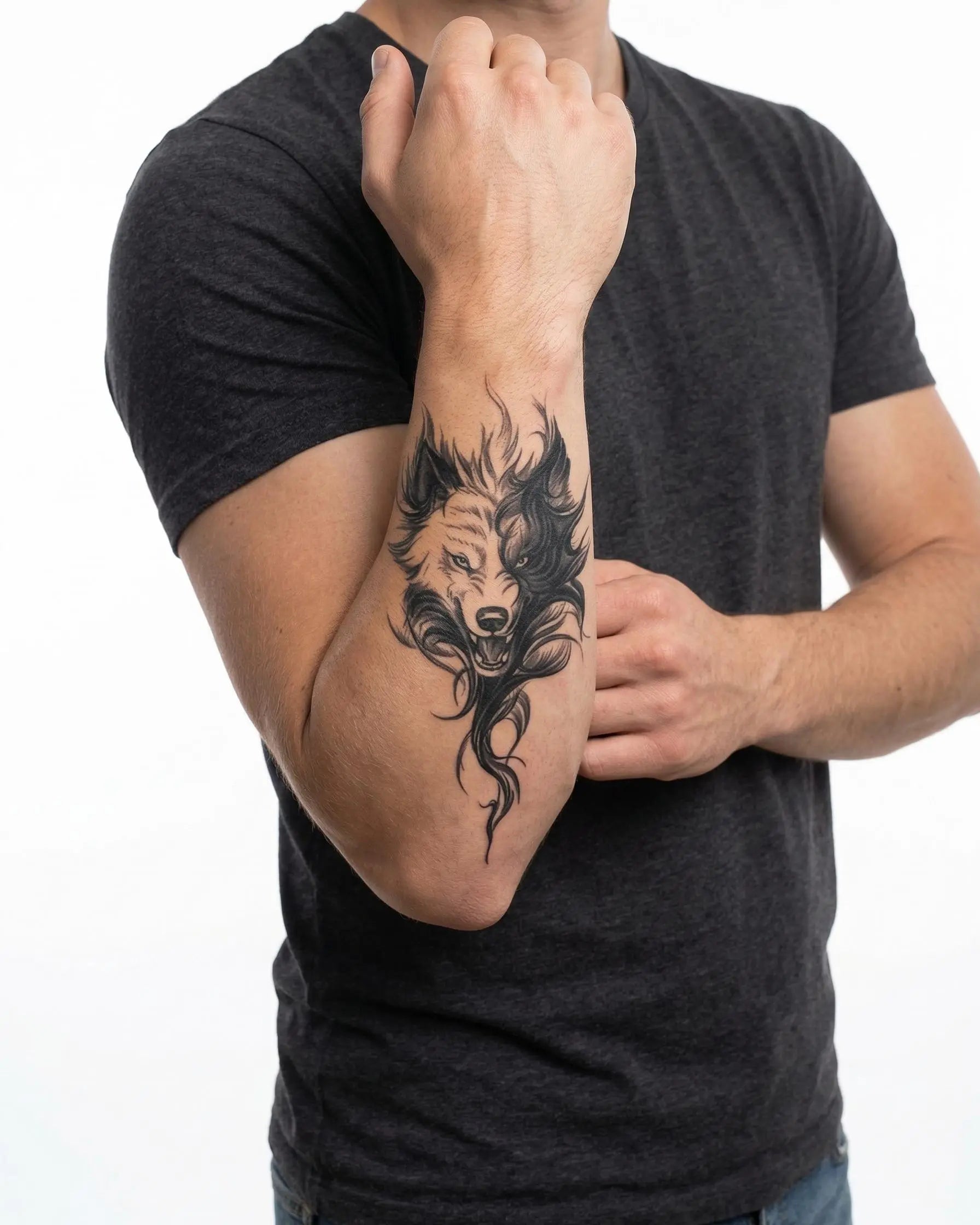 INKON Fierce Wolf semi-permanent tattoo applied on a man – 4 x 7 in (10x17cm) design, realistic ink look, lasts 10 days