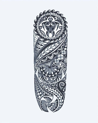 Polynesian Tribal Sleeve semi-permanent tattoo design by INKON – elaborate, polynesian, tribal, turtle, ocean illustration, 8 x 20 in (20x50cm), available at inkon.co