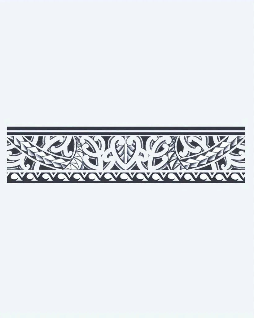Maori Armband semi-permanent tattoo design by INKON – polynesian, armband, leaf, patterns, koru illustration, 2 x 9 in (5x23cm), available at inkon.co