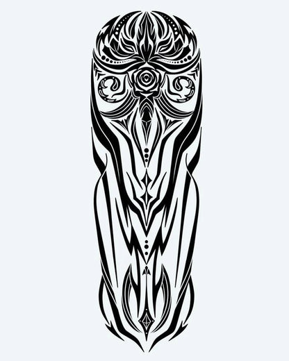 Tribal Owl Totem semi-permanent tattoo design by INKON – mystical, tribal, symmetrical, figure, ornate illustration, 8 x 20 in (20x50cm), available at inkon.co