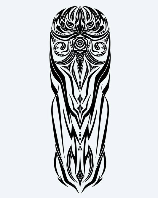 Tribal Owl Totem semi-permanent tattoo design by INKON – mystical, tribal, symmetrical, figure, ornate illustration, 8 x 20 in (20x50cm), available at inkon.co