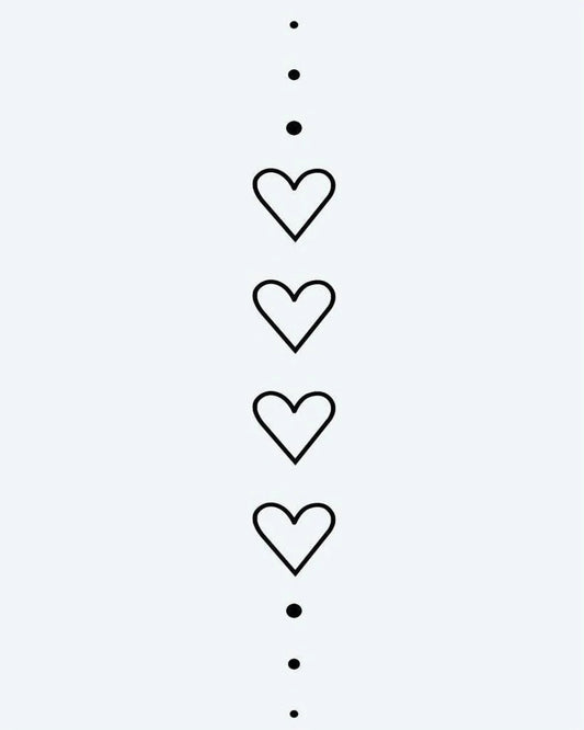 Hearts & Dots Chain semi-permanent tattoo design by INKON – minimalist, vertical, chain, four, heart illustration, 4 x 7 in (10x17cm), available at inkon.co
