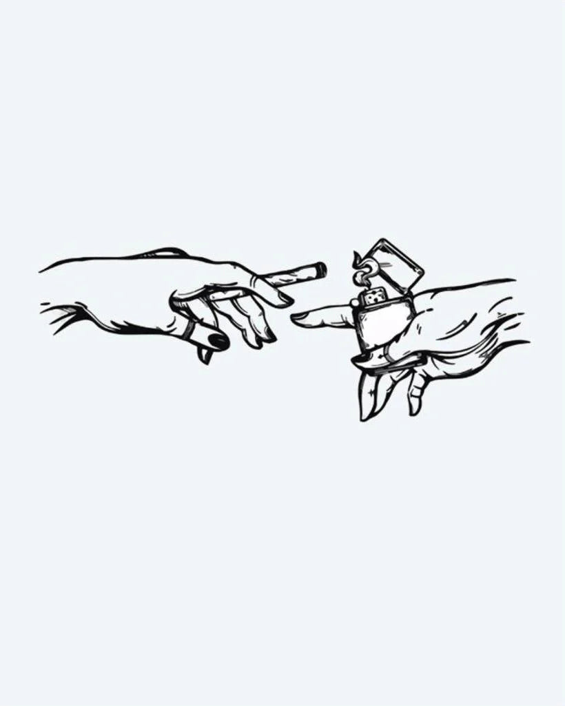 Hands with Lighter & Cigarette semi-permanent tattoo design by INKON – hands, reaching, toward, other, creation illustration, 4 x 4 in (9x9cm), available at inkon.co