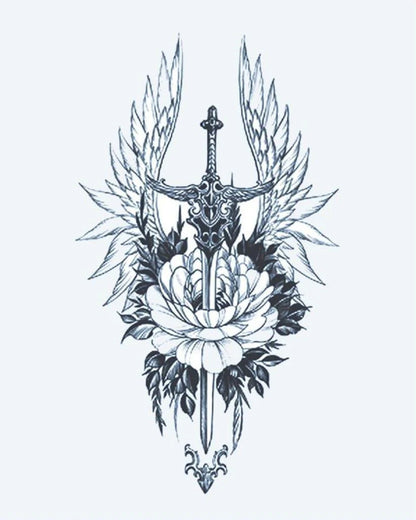 Winged Sword & Peony semi-permanent tattoo design by INKON – ornate, sword, flanked, feathered, wings illustration, 4 x 7 in (10x17cm), available at inkon.co