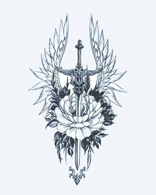 Winged Sword & Peony semi-permanent tattoo design by INKON – ornate, sword, flanked, feathered, wings illustration, 4 x 7 in (10x17cm), available at inkon.co