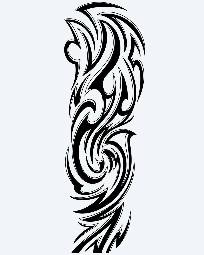 Tribal Wave Sleeve semi-permanent tattoo design by INKON – fluid, tribal, graceful, swirling, waves illustration, 8 x 20 in (20x50cm), available at inkon.co