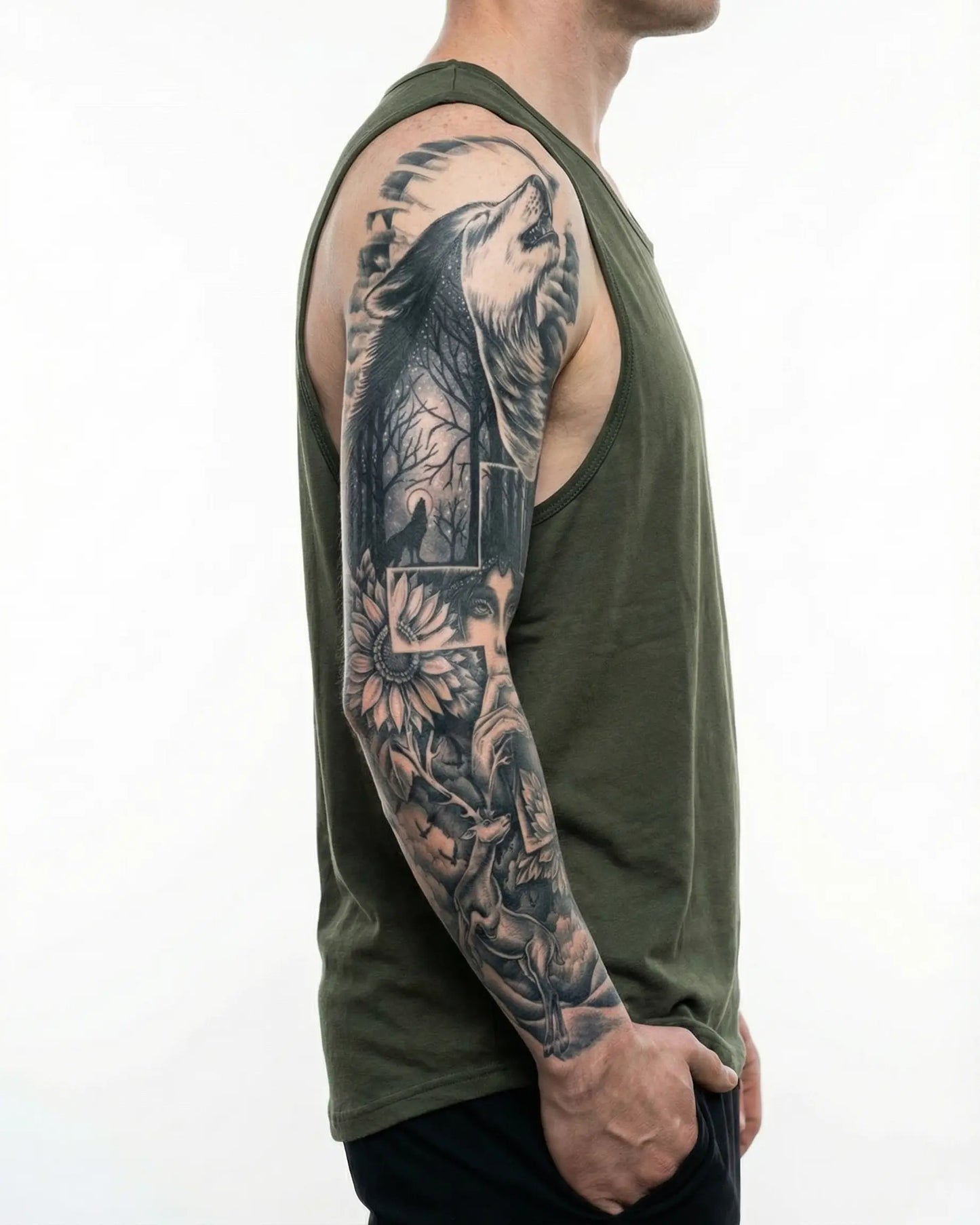 INKON Howling Wolf & Forest Woman semi-permanent tattoo applied on a man – 8 x 20 in (20x50cm) design, realistic ink look, lasts 10 days